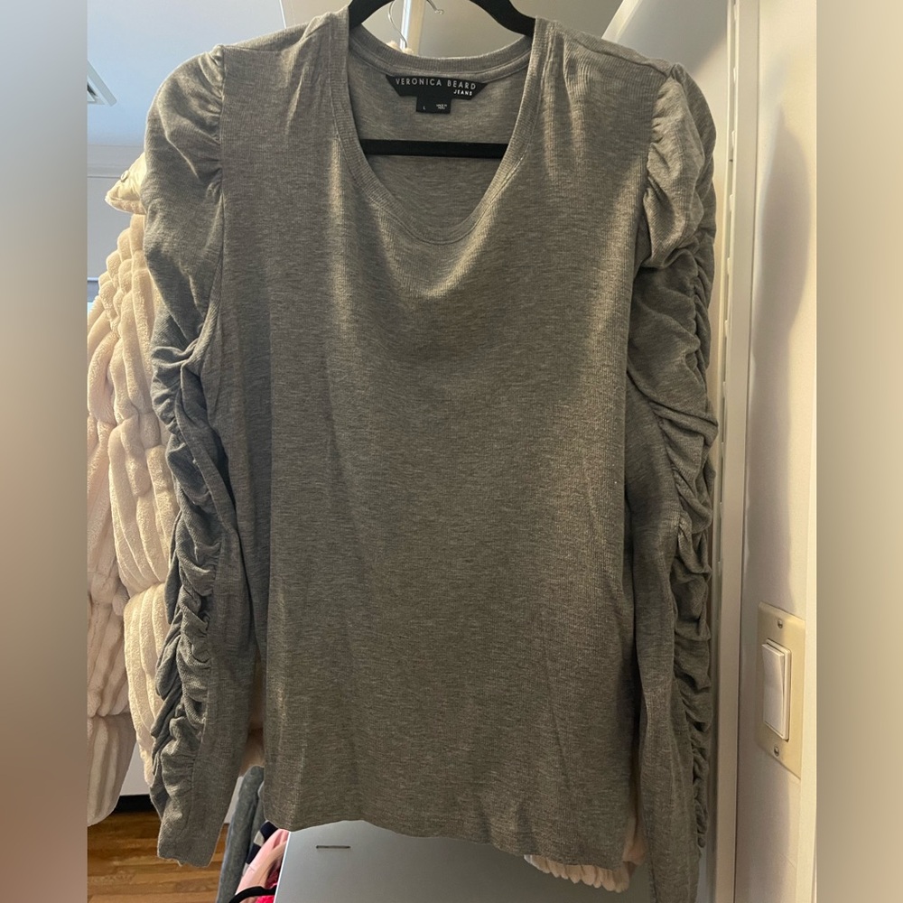 Veronica Beard Jeans Ruched Sleeve Knit Top – Gray | Size L
